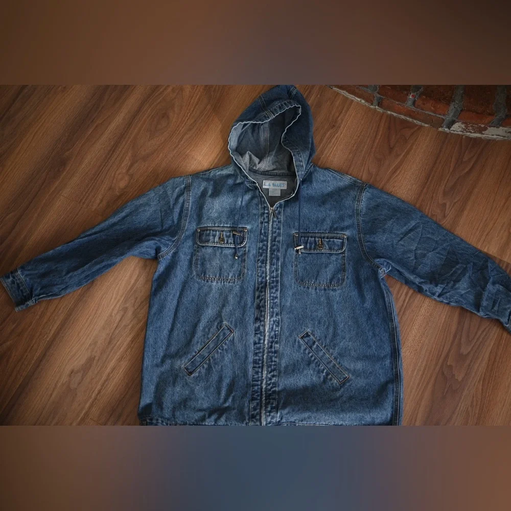 Vintage 90s LA Blues Hooded Denim Jacket Women’s 16/18 Y2K Zip Up - Picture 8 of 12